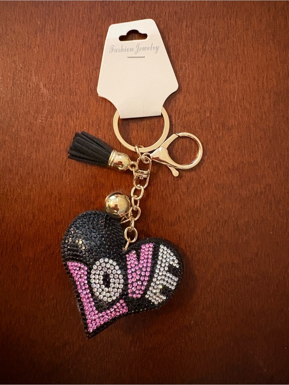 'LOVE' Sparkly Black, Pink, Silver Puffy Keychain NWT.